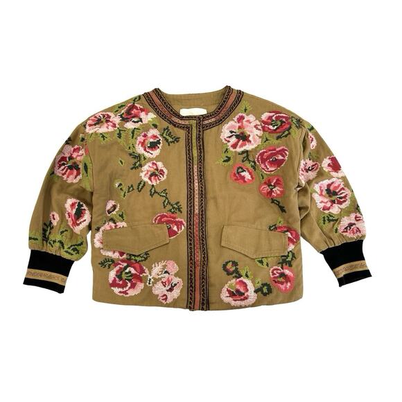 Anthropologie Jackets & Blazers - Anthropologie Needlepoint Floral Bomber Jacket Size 2XS Petite Khaki Beige Twill